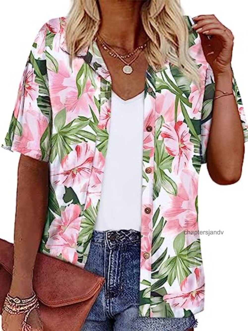 Women's Hawaiian Button Down Shirt Short Sleeve V-Neck Tropical